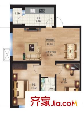 楓藍國際10.11號樓C戶型 2室1廳1衛(wèi)1廚