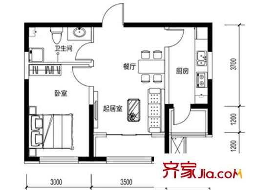 鼎力葉知林B戶型 1室2廳1衛(wèi)1廚
