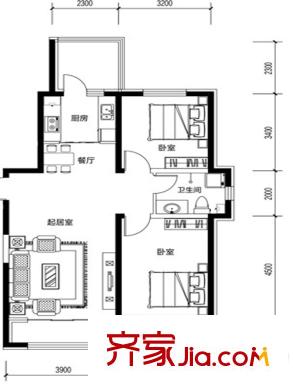 鼎力葉知林A戶型 2室2廳1衛(wèi)1廚