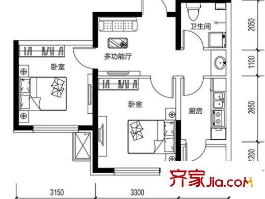 鼎力葉知林G戶型 2室1廳1衛(wèi)1廚