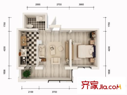 珠江帝景b戶型  1室1廳1衛(wèi)