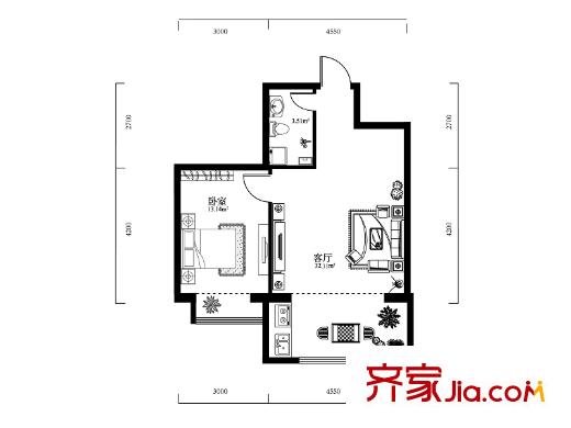 恒祥中山2號(hào)樓01戶型圖 1室1廳1衛(wèi)1廚