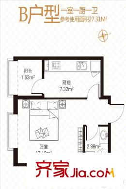湘江悅高層B戶型 1室1廳1衛(wèi)1廚
