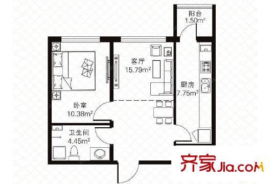 湘江悅高層F戶型 1室1廳1衛(wèi)1廚