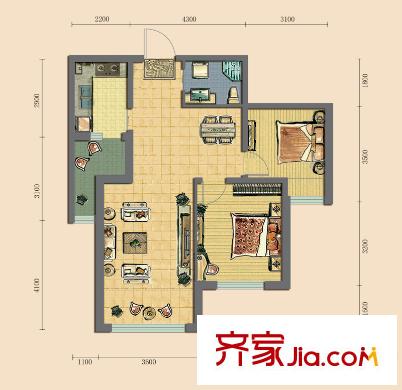 領(lǐng)域佳境二期D戶(hù)型圖 2室2廳1衛(wèi)1廚