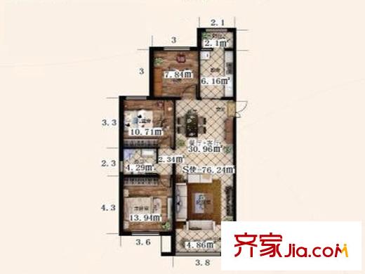 魯商松江新城I戶型 3室2廳1衛(wèi)1廚