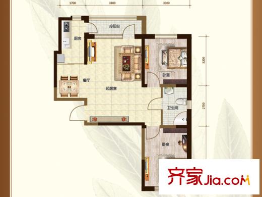 遠創(chuàng)樾府項目通用M戶型 2室2廳1衛(wèi)1廚
