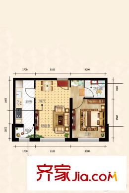 永泰城11、16號樓D戶型 1室1廳1衛(wèi)1廚
