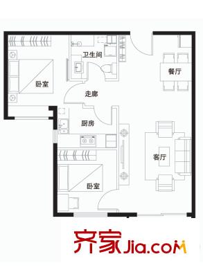 永泰城3號樓B3戶型 2室2廳1衛(wèi)1廚