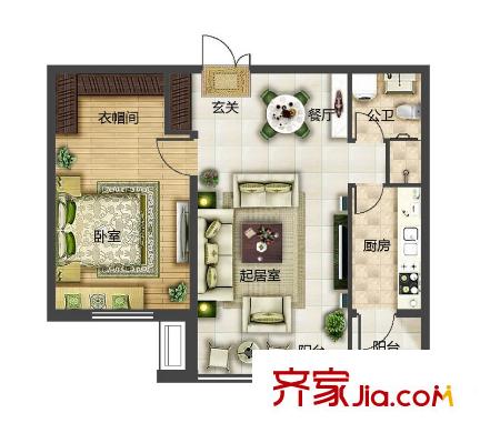 魯商松江新城G戶型 1室2廳1衛(wèi)1廚