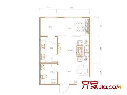 鼎園?明府1#A3戶型 1室2廳1衛(wèi)1廚