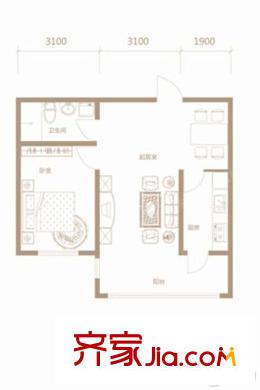 鼎園?明府E戶型2#4單元 1室1廳1衛(wèi)1廚