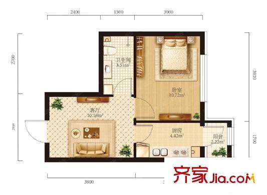 學(xué)府經(jīng)典中天城A5戶型 1室1廳1衛(wèi)1廚