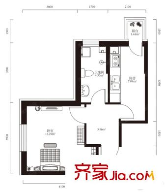 學府經(jīng)典瓏平方米臺1-01戶型 1室1廳1衛(wèi)1廚