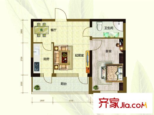 遠創(chuàng)樾府項目通用D戶型 1室1廳1衛(wèi)1廚
