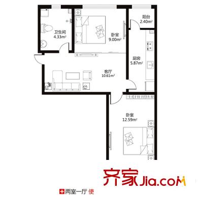 格蘭云天四期A2號樓E戶型 2室1廳1衛(wèi)1廚