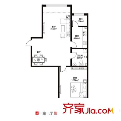格蘭云天四期D戶型 1室1廳1衛(wèi)1廚