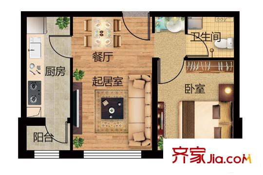 永泰城11號樓D戶型 1室1廳1衛(wèi)1廚