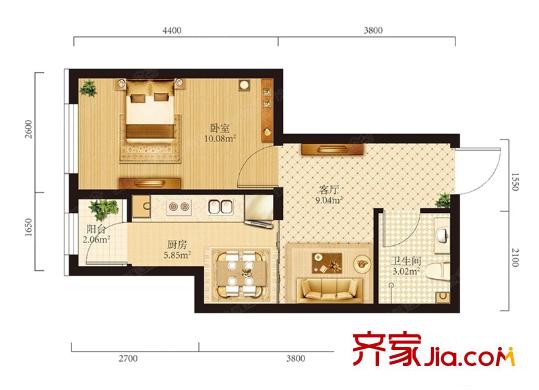 學(xué)府經(jīng)典中天城A3戶型 1室1廳1衛(wèi)1廚