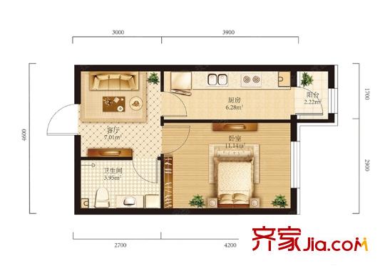 學(xué)府經(jīng)典中天城A4戶型 1室1廳1衛(wèi)1廚