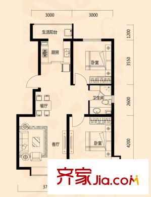 凱榮禧樂都戶型圖13#樓M戶型 2室2廳1衛(wèi)