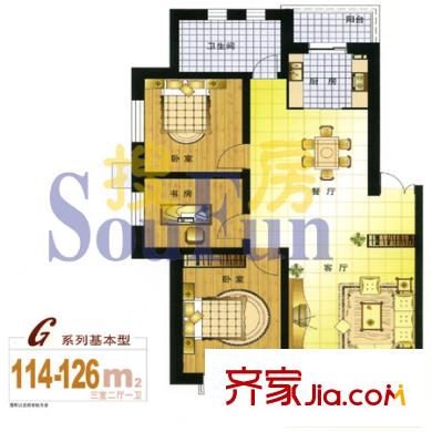 中房金河花園戶型圖3室2廳1衛(wèi)