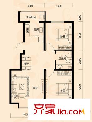 凱榮禧樂都戶型圖13#樓N戶型 2室2廳1衛(wèi)