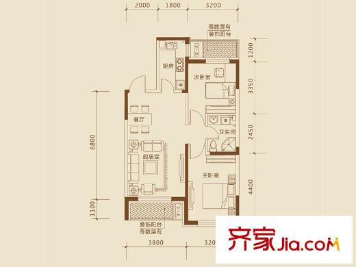 巴塞羅那晶座戶型圖B1‘戶型 2室2廳1衛(wèi)1廚