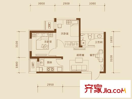 巴塞羅那晶座戶型圖E3戶型 2室1廳1衛(wèi)1廚