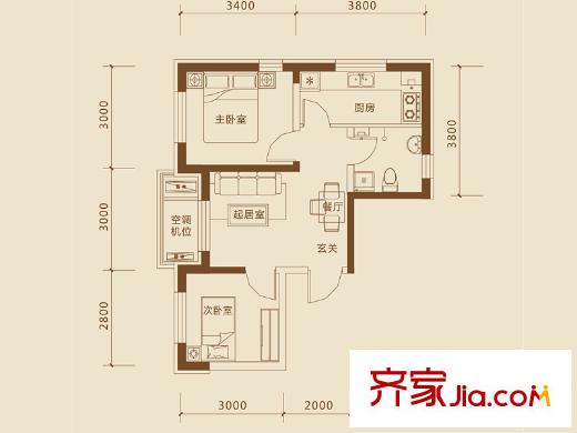 巴塞羅那晶座戶型圖A1戶型 2室1廳1衛(wèi)1廚