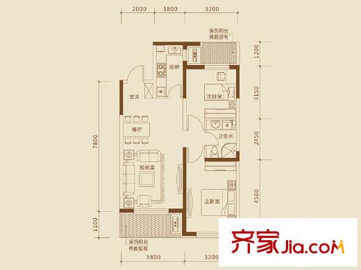 巴塞羅那晶座戶型圖A3戶型 2室2廳1衛(wèi)1廚