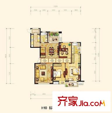 金地長青灣戶型圖h10標準層東單元 3室2廳2衛(wèi)1廚