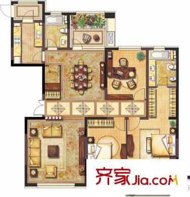 金地長青灣戶型圖H7標準層中間戶F戶型 3室2廳2衛(wèi)1廚