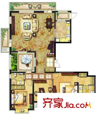 金地長青灣戶型圖H7標準層端戶E戶型 3室2廳2衛(wèi)1廚