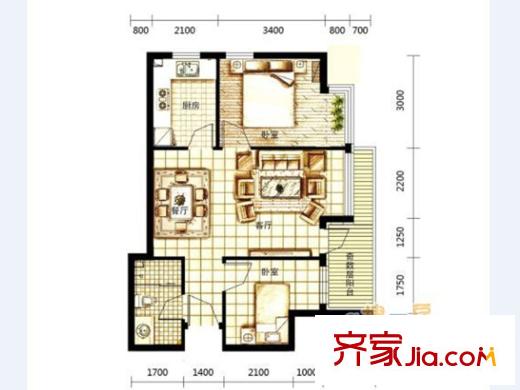 麗都新城二期愛麗香舍F1戶型 2室2廳1衛(wèi)1廚