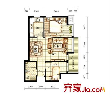 麗都新城二期愛麗香舍E1-戶型（售罄） 2室2廳1衛(wèi)