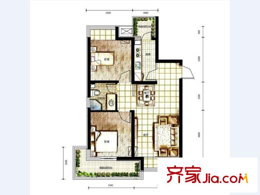 麗都新城二期愛(ài)麗香舍D1戶(hù)型 2室2廳1衛(wèi)