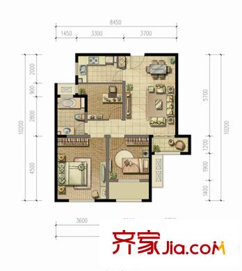 浦江御景灣戶型圖B3戶型 2室2廳1衛(wèi)1廚