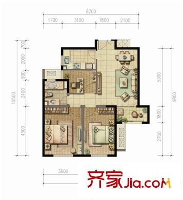 浦江御景灣戶型圖B2戶型 2室2廳1衛(wèi)1廚