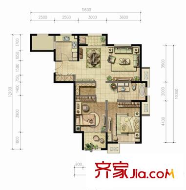 浦江御景灣戶型圖B1戶型 2室2廳1衛(wèi)1廚