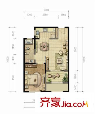 浦江御景灣戶型圖A1戶型 1室2廳1衛(wèi)1廚
