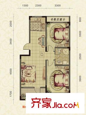 太湖明珠花園多層75平戶型 2室2廳1衛(wèi)1廚