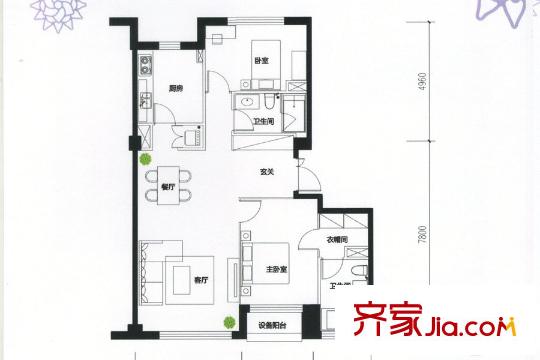 積水?裕沁聽(tīng)月軒A1-8a戶(hù)型圖 2室2廳2衛(wèi)