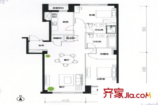 積水?裕沁聽(tīng)月軒D1-3a戶(hù)型圖 2室2廳2衛(wèi)