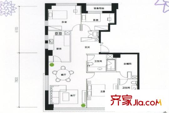 積水?裕沁聽(tīng)月軒A1-4a戶(hù)型圖 3室2廳2衛(wèi)