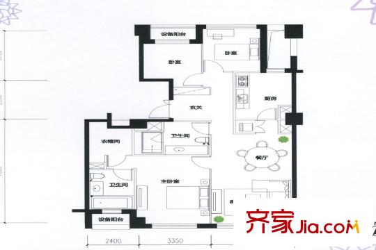 積水?裕沁聽(tīng)月軒A1-5a戶(hù)型圖 3室2廳2衛(wèi)