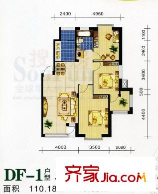 天和人家E戶型圖 3室2廳1衛(wèi)1廚