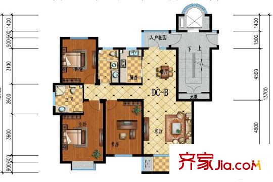 步陽江南甲第123平米戶型 3室2廳1衛(wèi)1廚