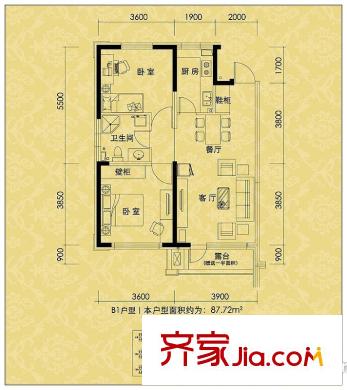 納帕名門B1戶型 2室2廳1衛(wèi)