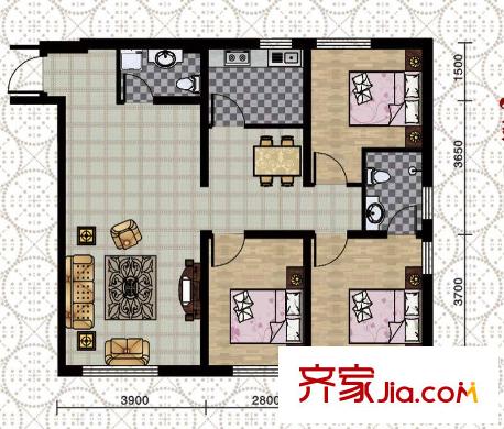 恬園A戶型 3室2廳2衛(wèi)